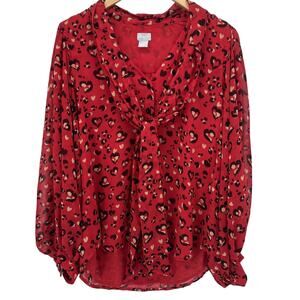 Chico's Blouse Womens Medium Red Heart Leopard Print Button Up Shirt Tie Front